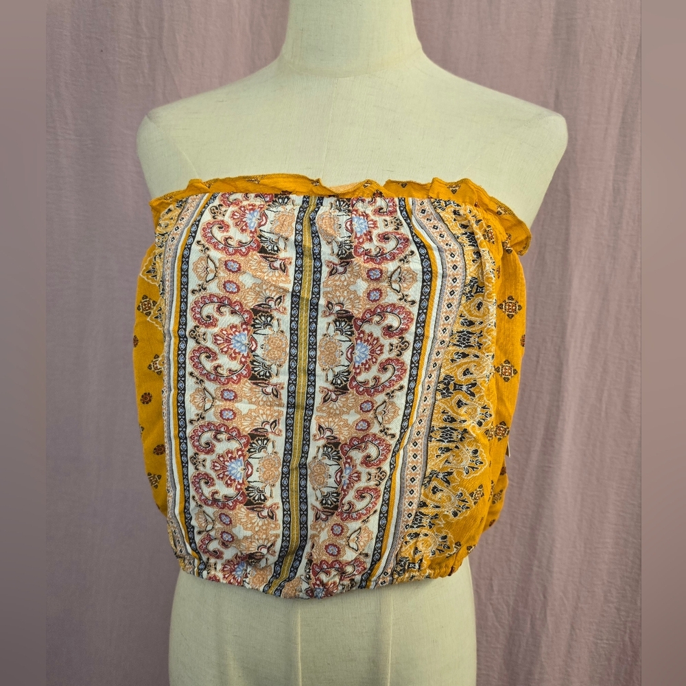 NEW Xhiliration Bohemian Strapless Paisely Print Tube Top - Yellow, XL